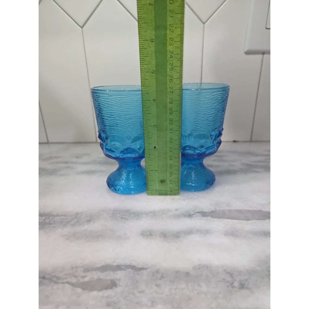 Brockway Glass Co Wine Goblets, Set of 2, Monterey Blue Footed Goblets, Textured